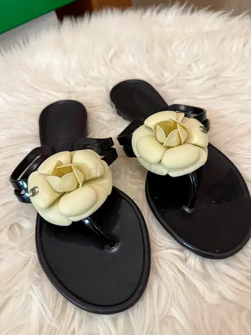 Chanel Black Jelly Camellia Slip On Slides