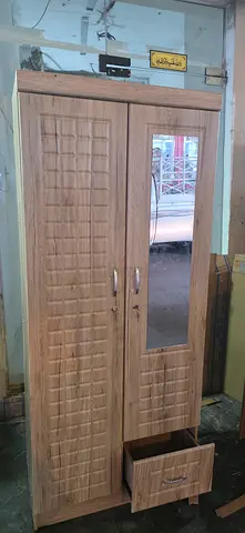 Wooden 2-Door Wardrobe with Mirror and Drawer — Good Condition