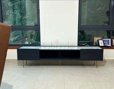 Low Black TV Console Unit with Brass Legs - Modern