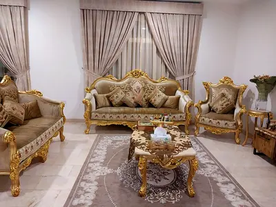 Classic Gold Trim Sofa Set with Matching Coffee Table and Rug