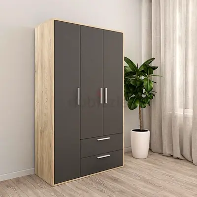 3-Door Wardrobe with Drawers - Light Oak Frame  Dark Grey Doors
