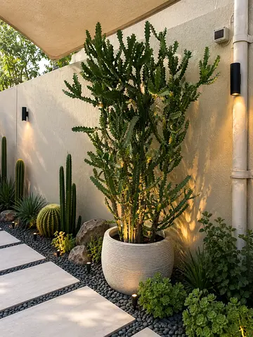 Large Euphorbia Cactus in Decorative Outdoor Planter - Mature Garden Specimen