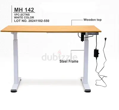 Adjustable Electric Height-Adjustable Desk with Wooden Top (White Steel Frame)