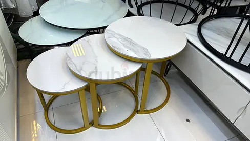 Set of 3 Nesting Marble-Top Side Tables with Gold Metal Frames