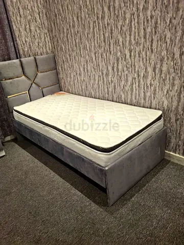 Single Bed Frame with Mattress - Grey Upholstered, Good Condition