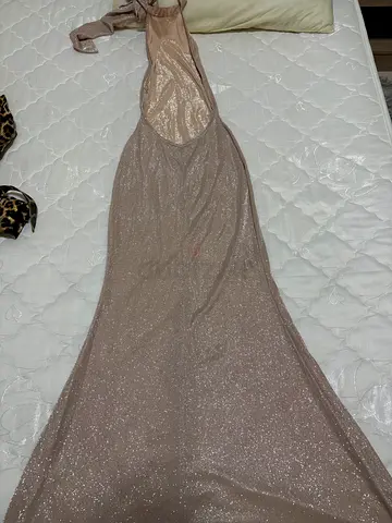 Beige Sparkly Halter Evening Dress
