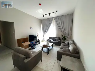Two fully furnished bedrooms and a living room for rent, with a balcony, built-in wardrobe, and free space.