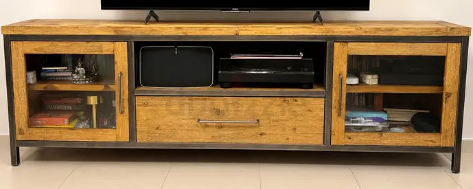 Wooden TV Table Unit with Glass Doors - Solid Look