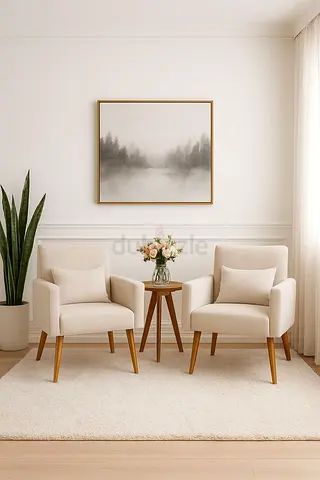 Pair of Mid-Century Modern Accent Chairs with Side Table (Beige)