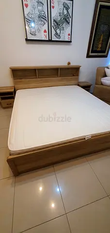 6 Pcs complete queen size bedroom set with headboard shelving including FREE barely used mattress
