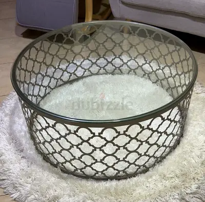Round Metal  Glass Coffee Table with Moroccan Lattice Design