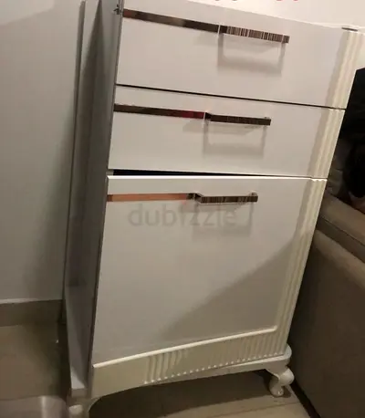 Bed with White bedside cabinet with wheels - 2 drawers + cupboard