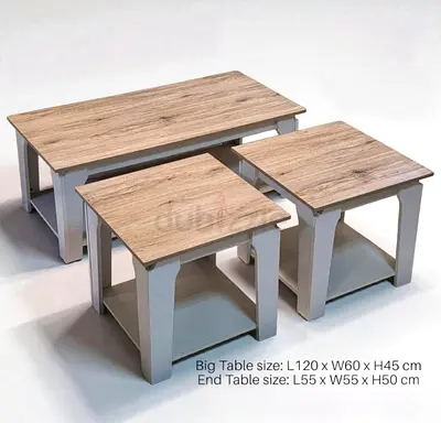 Set of 3 Wooden Coffee  Side Tables - Light Oak Top, White Base
