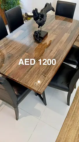 Railway Wood Dining Table with Six Black Leather Chairs