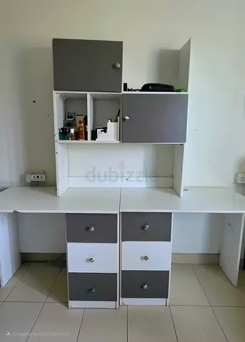 White and grey double study desk with storage cabinets. Customized and good wood quality