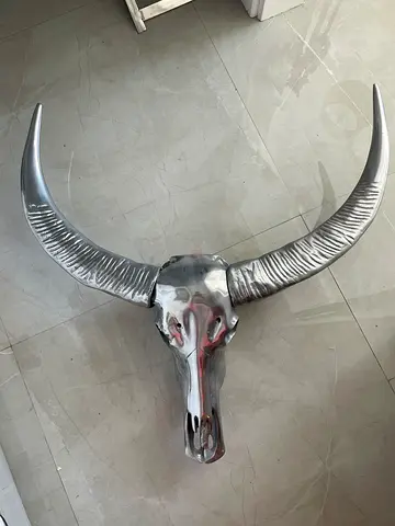 Large solid Silver Metallic Horned steer bull Animal Wall Decor