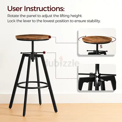Adjustable Industrial Bar Stool with Wooden Round Seat