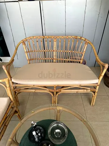 Set of 3 Rattan Armchairs with Cushions and Small Glass-Top Side Table