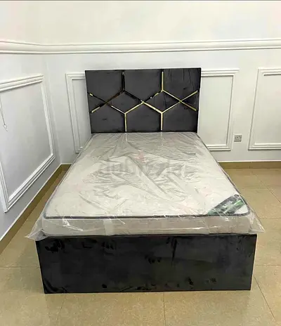 Double Velvet Bed with Geometric Headboard - Dark Grey