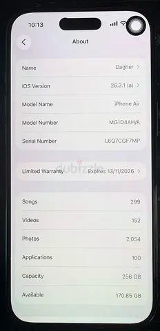 iPhone Air white 256GB - Excellent Working Condition, iOS 26.3.1. 6 month warranty available.