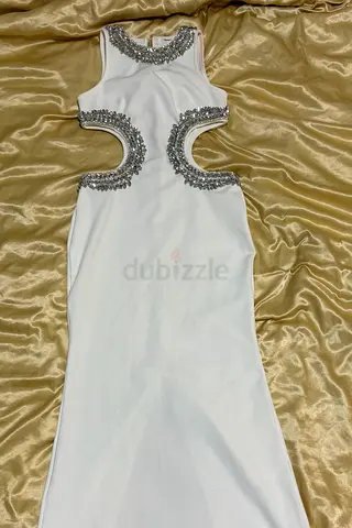 White embellished cut-out evening gown — size S