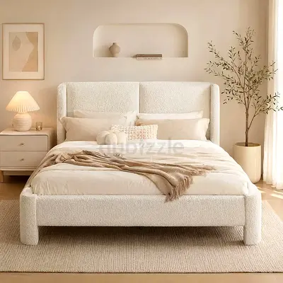 Cream boucle flat padded feet king bed
