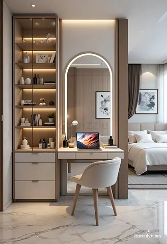 Modern Dressing Table with Built-in Wardrobe and Arched Mirror