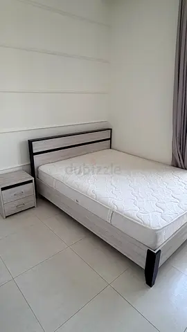 Queen bed frame with mattress and bedside drawer - light grey