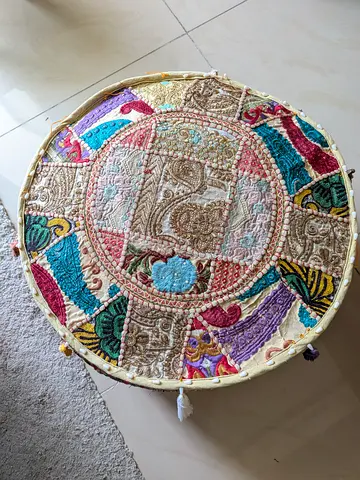 Beautiful and original Round Embroidered Pouf / Floor Cushion with Colorful Indian Patchwork