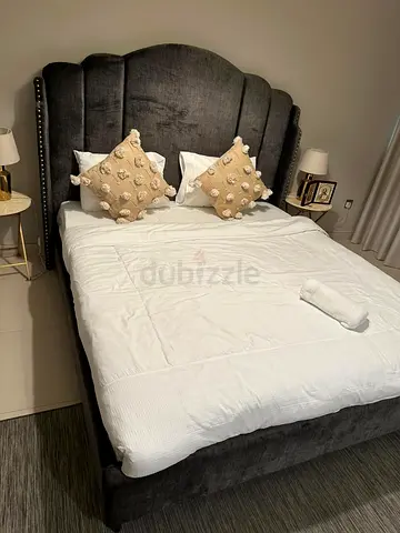Velvet Bed Frame with Scalloped Headboard