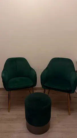 Pair of Green Velvet Accent Chairs with Matching Ottoman