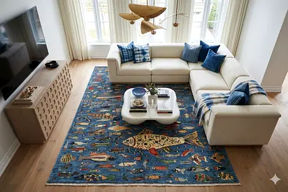 2*3  Modern Blue Fish Pattern Area Rug afghan hand knotted rug 200 x 300