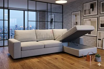 Light grey L-shaped storage sofa with chaise