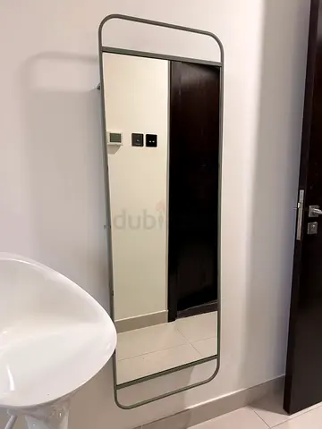 Long Slim Wall Mirror with Rounded Metal Frame - Light Grey ish + green