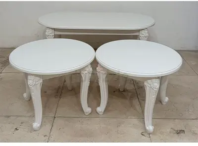 Elegant White Coffee and Side Table Set with Carved Details
