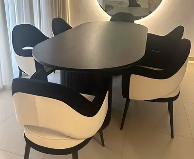Modern 6-Seater Oval Dining Table with Two-Tone Chairs