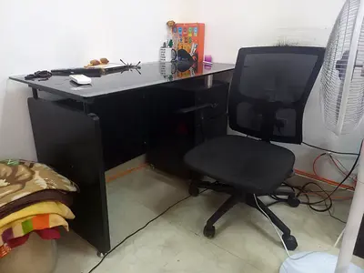 Black Glass Top Office Desk with Ergonomic Mesh Chair (Used)