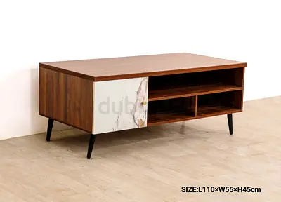 Low Wooden TV Cabinet with Marble Accent and Open Shelves - 110cm