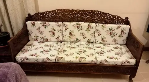 Pair of Carved Wooden Armchairs with Floral Cushions
