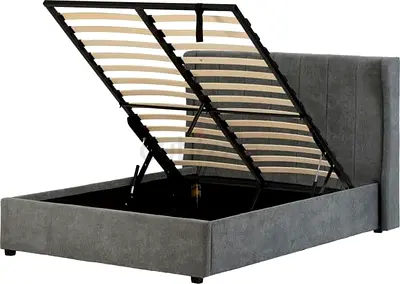 Dark gray soft fabric ottoman queen bed