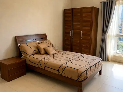 Wooden Double Bed with Wardrobe and Nightstand - Good Condition
