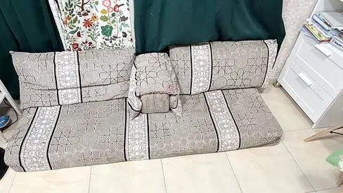 Low floor sofa seating set (3-piece) with cushions — neutral grey pattern
