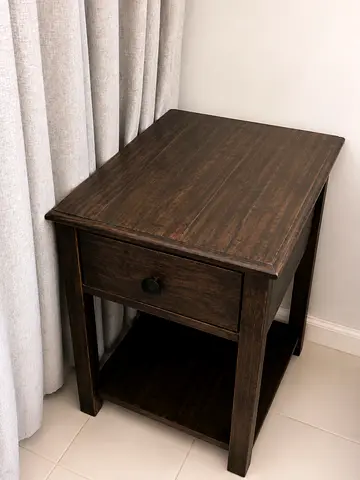 Designer dark brown wood end table / nightstand by Ashley Tyler from United Furniture