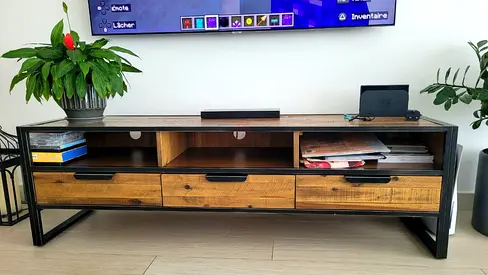 Solid wood and metal TV stand / media console - 3 drawers