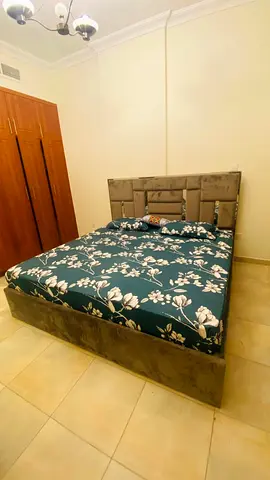King velvet upholstered bed with headboard - good condition with mattress