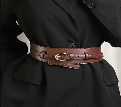 Brown Double-Strap Leather Waist Belt with Gold Buckle