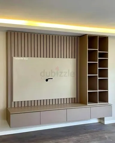 Wall-mounted TV Unit with Open Shelves and Drawer Storage