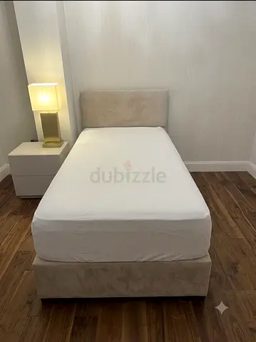 2 Beige Velvet Upholstered Single Bed Frame + Mattresses