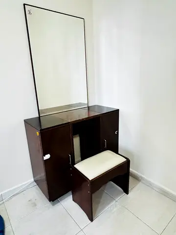 Compact Wooden Dressing Table with Mirror and Stool - Dark Brownf