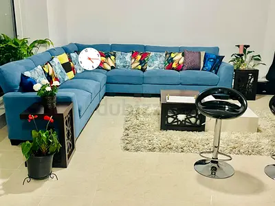 Large Blue L-Shaped Modular Sofa — Good Condition